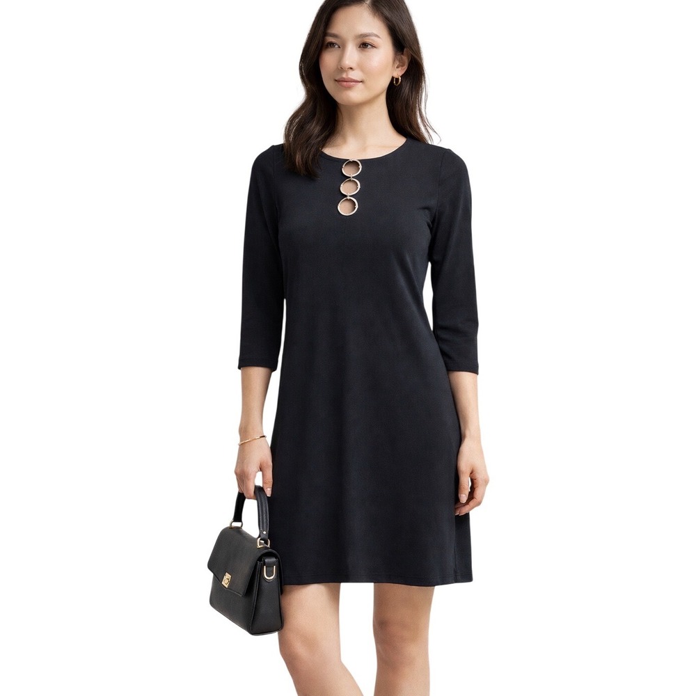MSK Petite Black Shift Dress‎ Silver Ring Hardware Size PS Minimalist Office